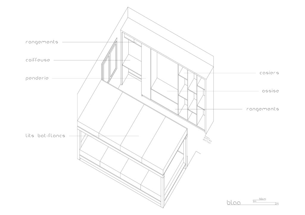 Chalet du Plan Chauzeau à Valmeinier : axonométrie du meuble du dortoir avec plusieurs fonctions comme la coiffeuse, les rangements, la penderie, un banc et des casiers pour les occupants.