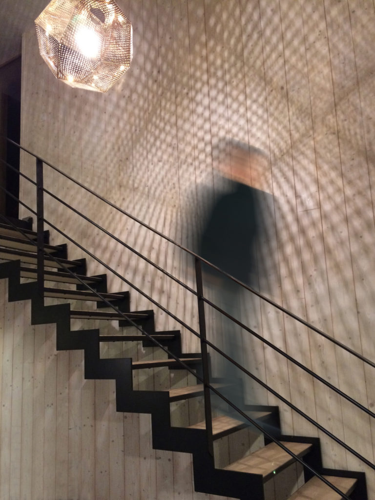 Gîte des Mille Thabor à Valmeinier : escalier en acier du gîte devant lambris mélèze clair, contemporain et traditionnel.