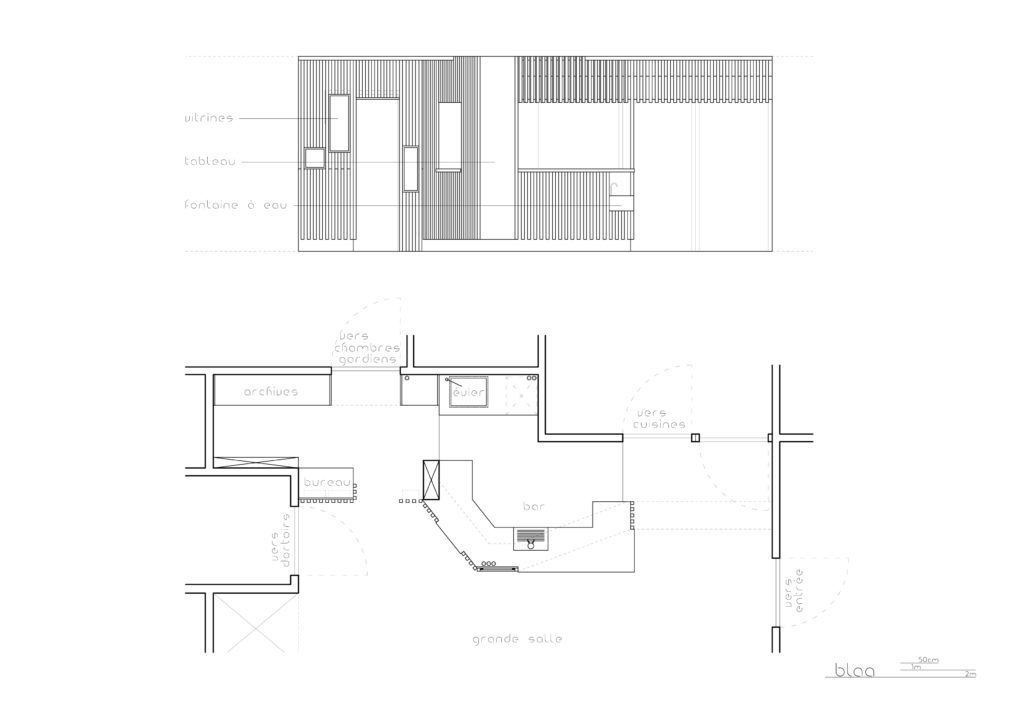 Bar du Refuge de Terre Rouge à Valmeinier : plan et façade du meuble.