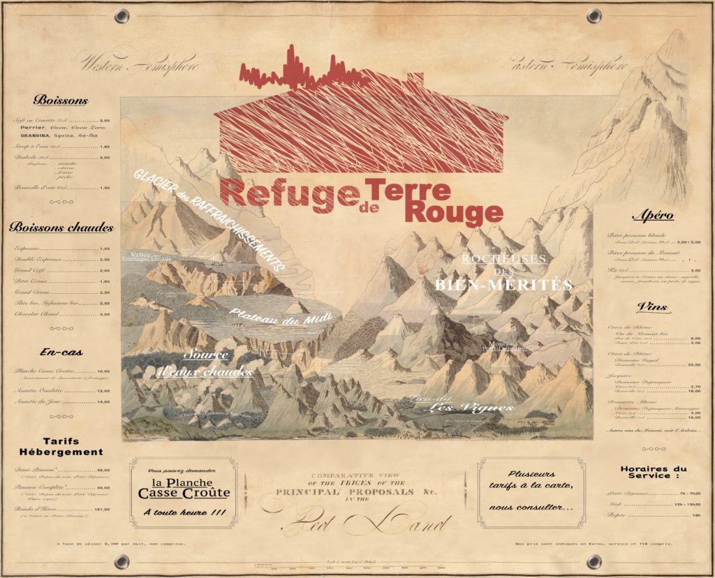Signalétique du Refuge de Terre Rouge à Valmeinier : Menu du refuge avec comme fond une carte de Cummings & Hilliard de 1820 des vues comparatives des montagnes du monde.