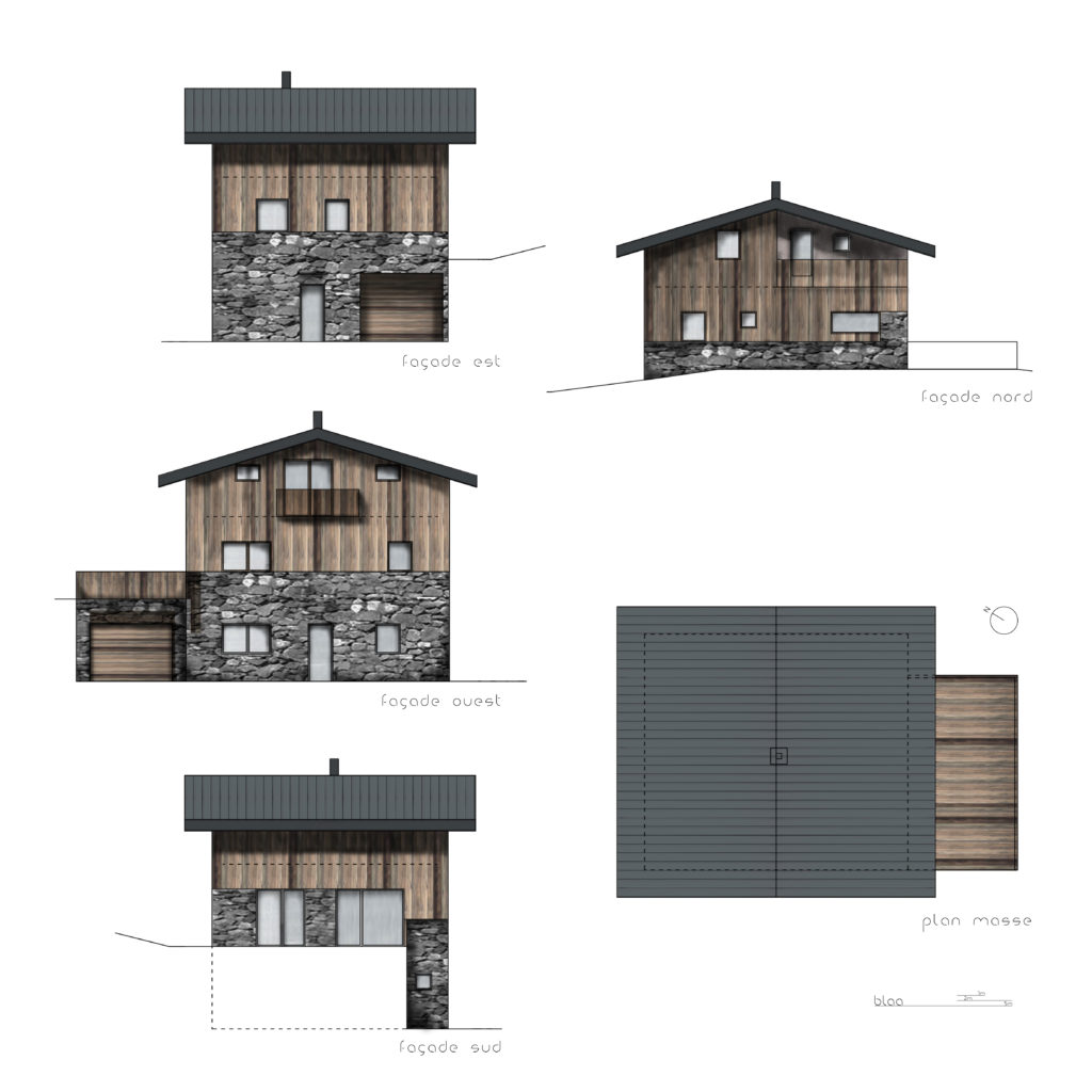 Chalets de la Girodière à Valmeinier : Façades et plan masse du chalet M.