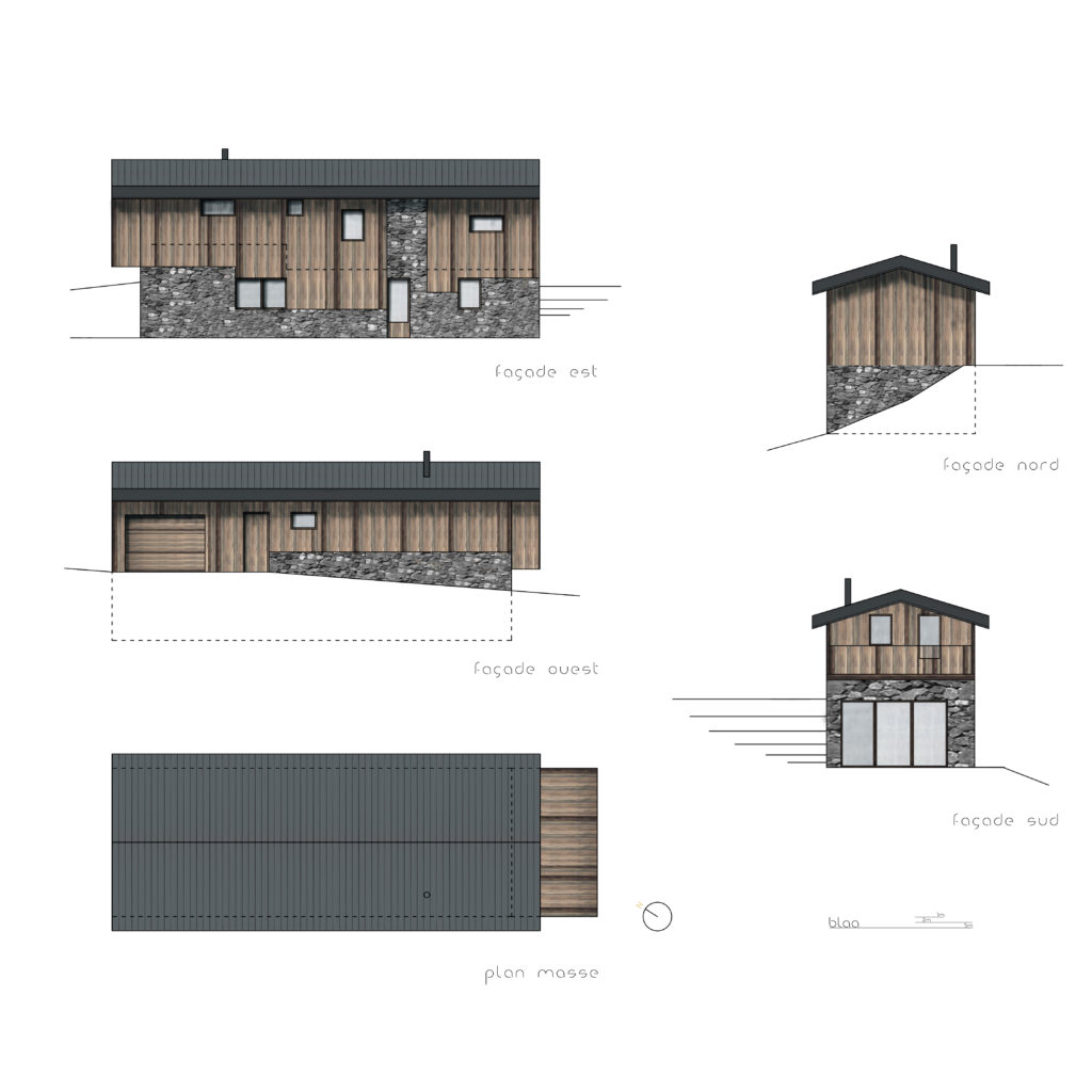 Chalets de la Girodière à Valmeinier : Façades et plan masse du chalet A.