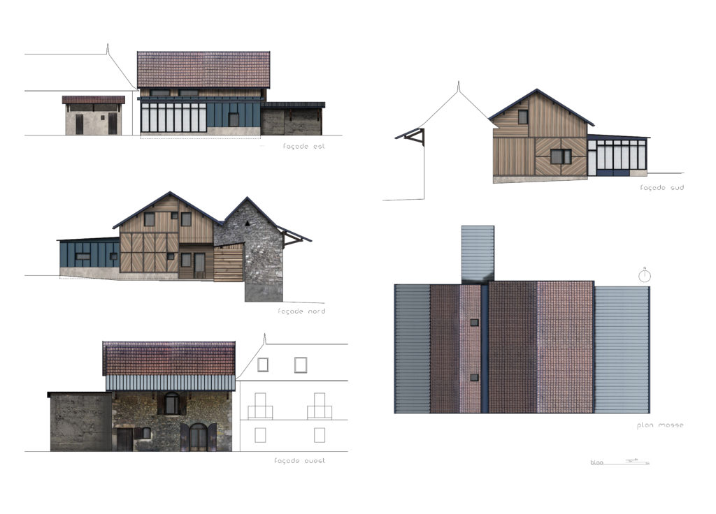Maison dans Avant-Pays Savoyard à Lucey : façades et plan de toiture du projet.